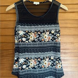 Blu Planet Floral Boho Tank Top Mesh Yoke Sleeveless Blouse | Size M